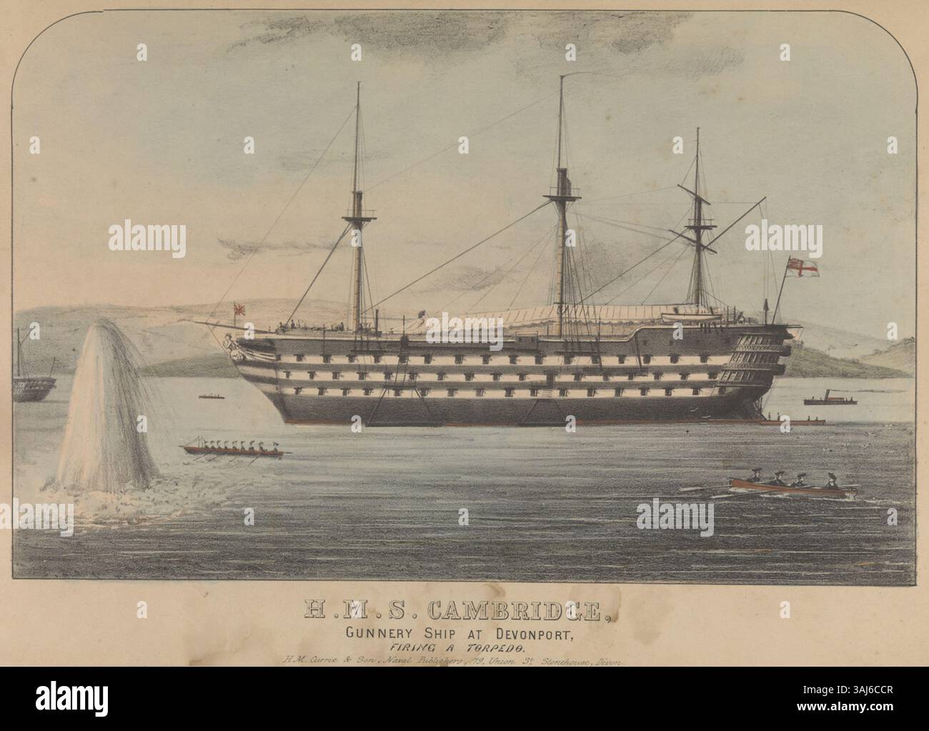 Questa stampa acquatinta del 1869 raffigura la nave H.M.S. Cambridge Gunnery a Devonport, sparando un siluro. La stampa illustra la tecnologia della guerra navale durante il XIX secolo e il ruolo delle navi siluranti nelle strategie militari. Foto Stock