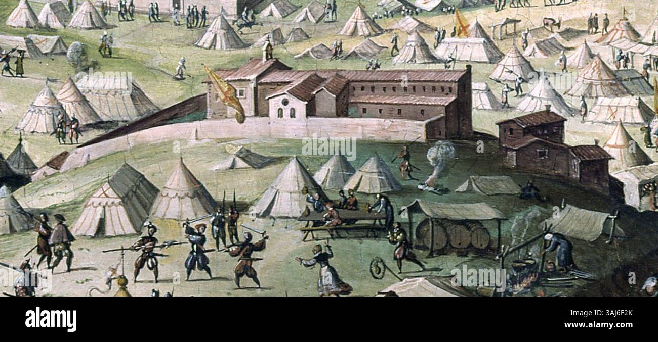 Questo affresco di Jan Van der Straet, raffigurante l'assedio di Firenze, include la scena di San Pier Scheraggio, creato tra il 1556 e il 1562, che ritrae l'assedio durante il Rinascimento italiano. Foto Stock