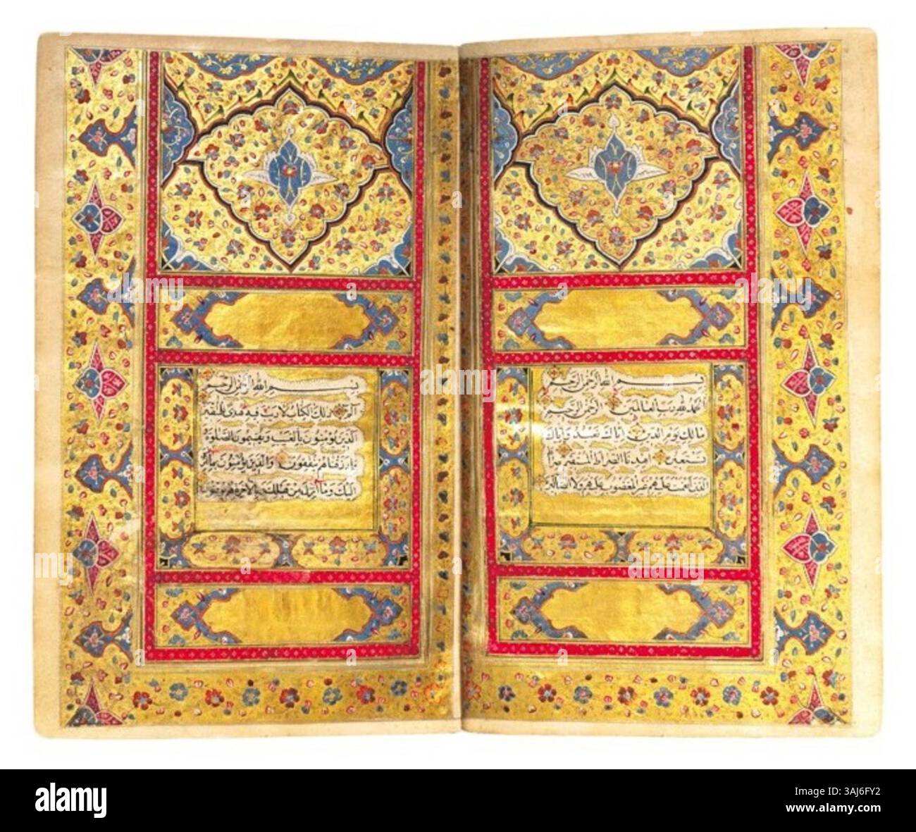 Questo Corano della fine del XVIII secolo, prodotto a Zand in Iran, presenta una scrittura araba in naskh nero, completata da pannelli illuminati in oro e policromi. Il manoscritto contiene 170 fogli, con roundel in versi decorativi, marcatori marginali e intricati disegni arabeschi, che mostrano alta maestria nell'illuminazione dei manoscritti persiani. Foto Stock