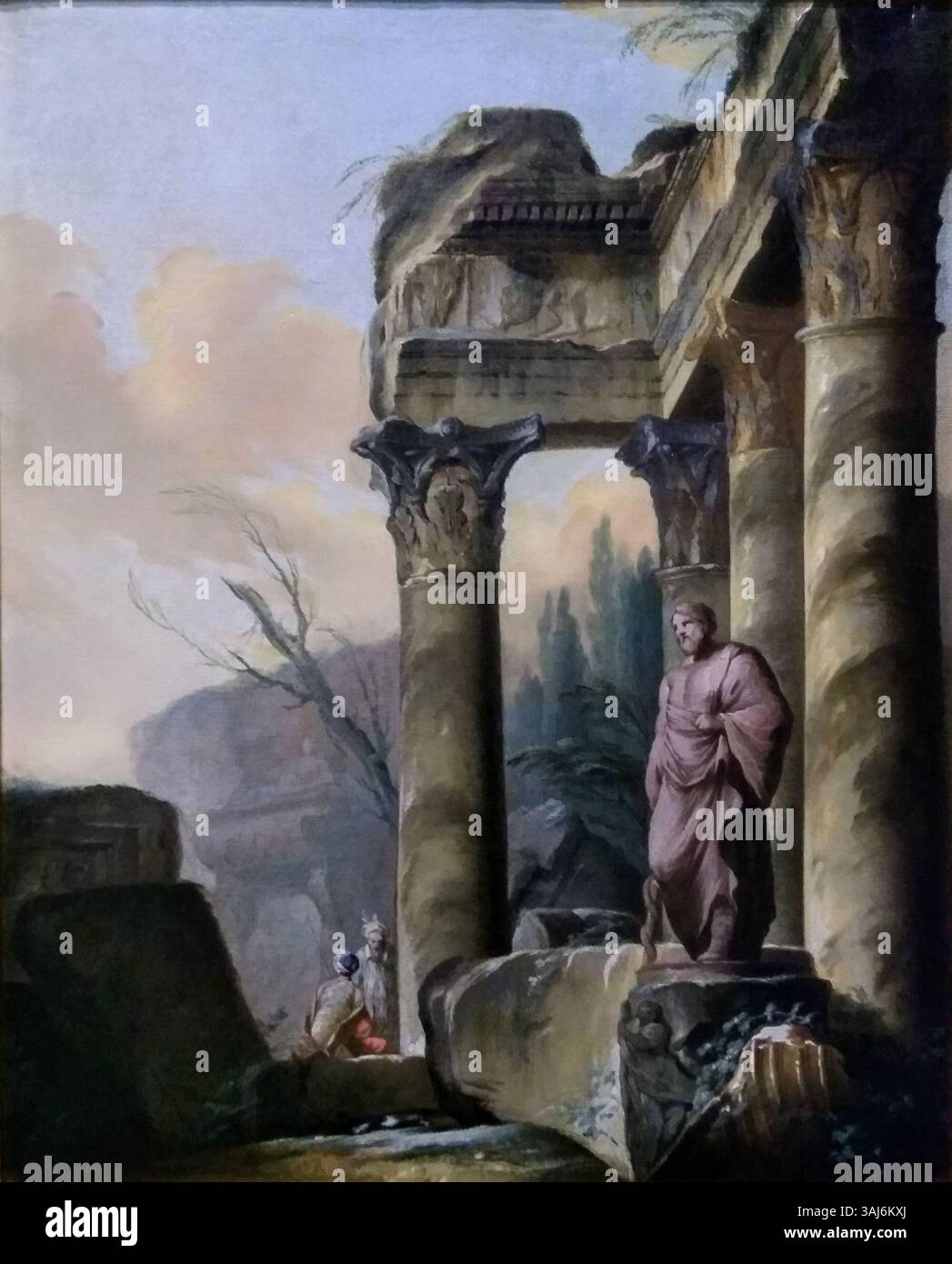 Il dipinto del 1754 di Jean Barbault, «Ruines avec la statue d'Esculape», raffigura antiche rovine con la statua di Esculapio, il dio greco della guarigione, che simboleggia il legame tra l'antica scultura e le rovine dell'antichità classica. Fa parte della collezione "le Paragone". Foto Stock