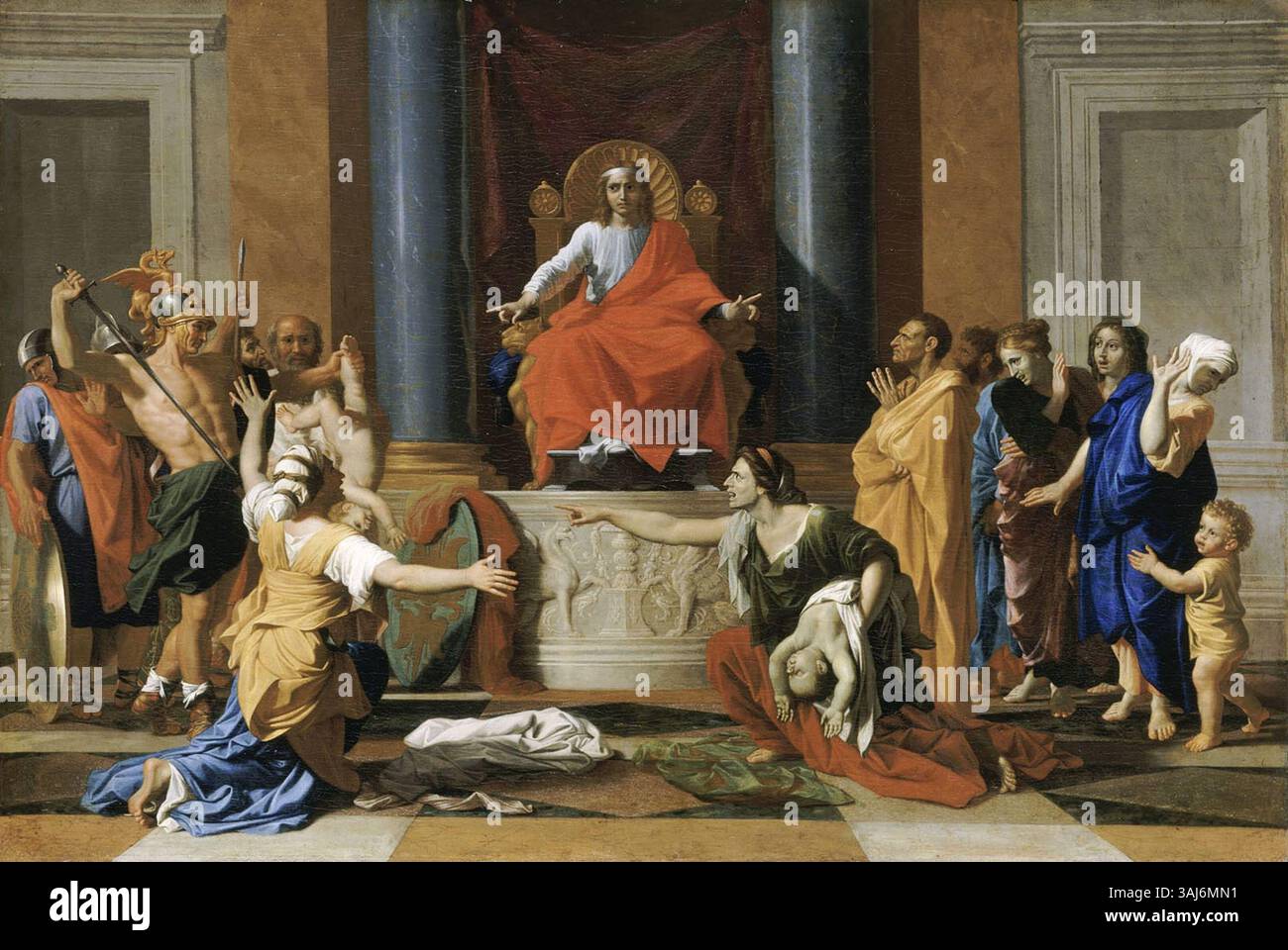 Il dipinto di Nicolas Poussin del 1649, The Judgment of Salomone, mostra la scena biblica in cui Re Salomone risolve saggiamente una disputa tra due donne che rivendicano lo stesso bambino. L'opera riflette l'influenza classica di Poussin e la padronanza della composizione. Foto Stock