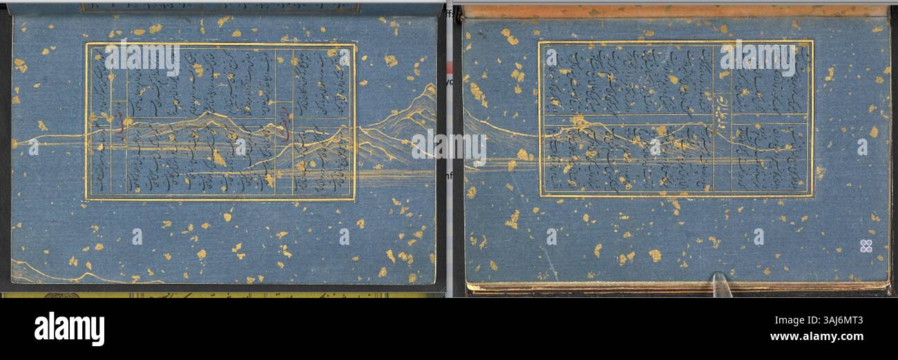 Questo foglio del Dvn di Hafiz, copiato da Sulayman al-Fushanji, mostra l'eredità continua della poesia di Hafiz. L'opera, prodotta nel 1451 a Herat, riflette l'età d'oro della poesia persiana e della produzione di manoscritti. Foto Stock