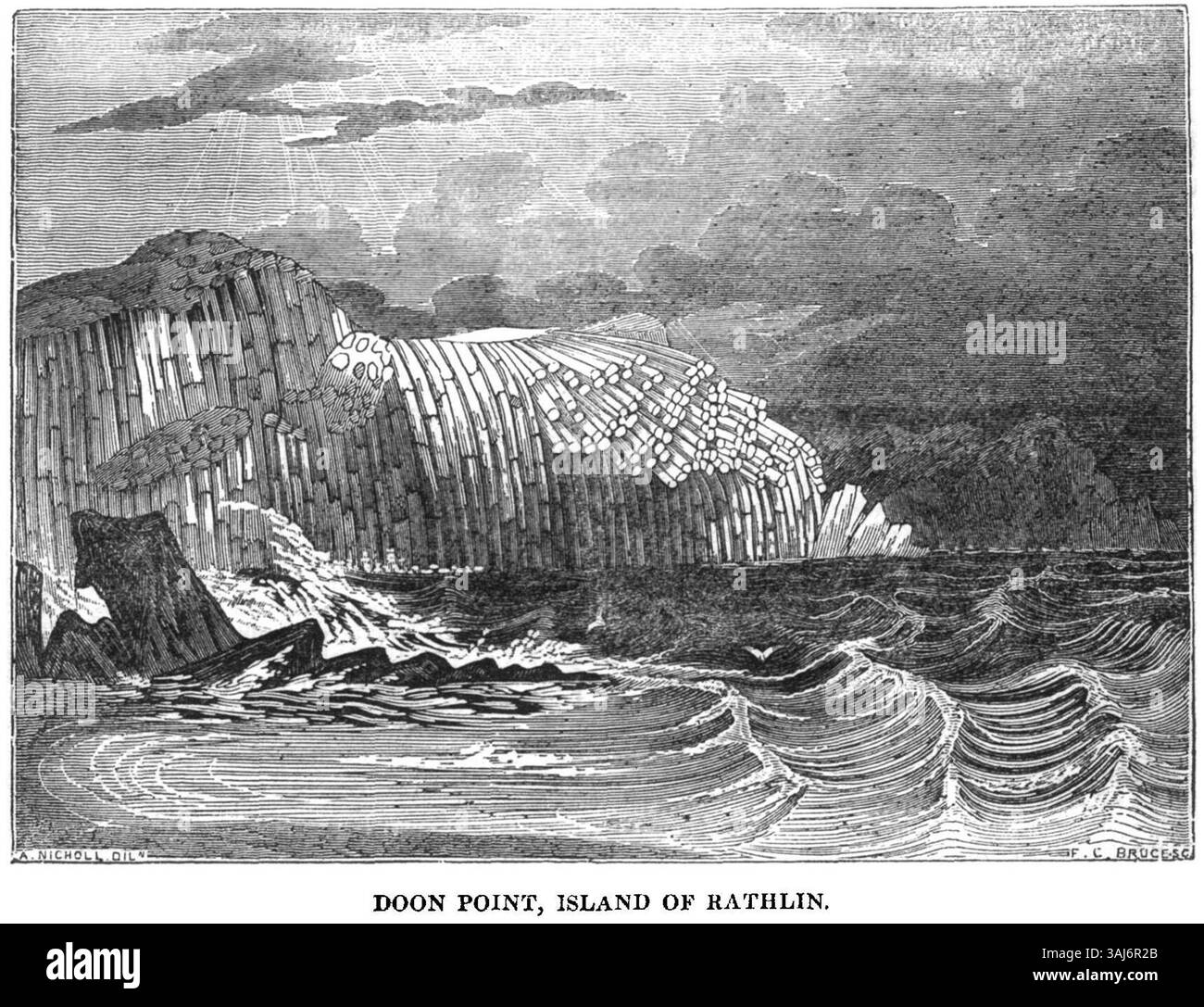 Doon Point sull'isola di Rathlin, situata nella contea di Antrim, nell'Irlanda del Nord, è raffigurato in un articolo del 1834 del Dublin Penny Journal. L'articolo evidenzia le caratteristiche geologiche e topografiche dell'area. Foto Stock