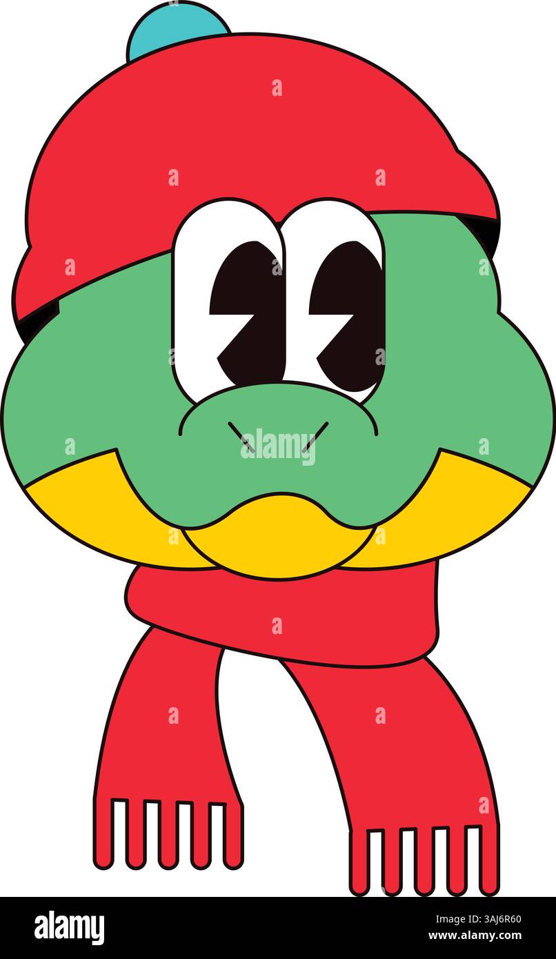 Testa sorridente serpenti di Capodanno con cappello invernale rosso e sciarpa a maglia per il calendario cinese. Velcro di Capodanno per un pacchetto di adesivi o un buono regalo in vecchio stile di 2 Illustrazione Vettoriale