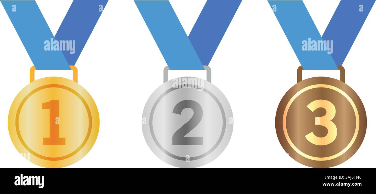 Medaglie d'oro, d'argento e di bronzo: Icone del 1°, 2°, 3° posto con nastri blu per applicazioni sportive e siti Web Illustrazione Vettoriale