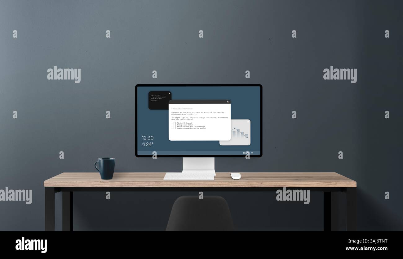 Moderna configurazione dello spazio di lavoro con display attivo del computer, interfaccia desktop in uso, tazza di caffè laterale, ideale per presentare software o basato su piattaforma Foto Stock