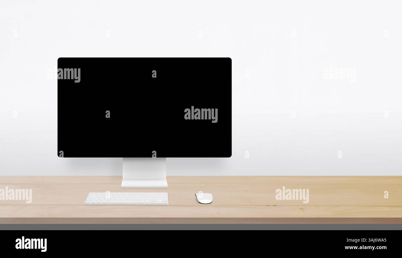 Configurazione desktop minimalista con superficie in legno, monitor vuoto e ampio spazio aperto sulla destra per branding, pubblicità o messaggistica creativa Foto Stock