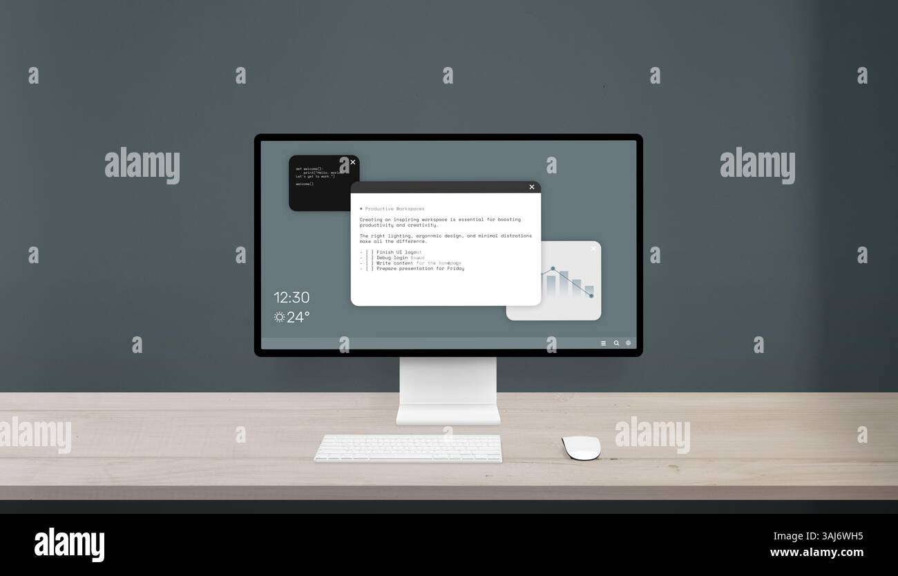 Ambiente di lavoro moderno incentrato sulla programmazione e sulla pianificazione della produttività, configurazione a scrivania piatta con schermo per computer e spazio per contenuti promozionali Foto Stock