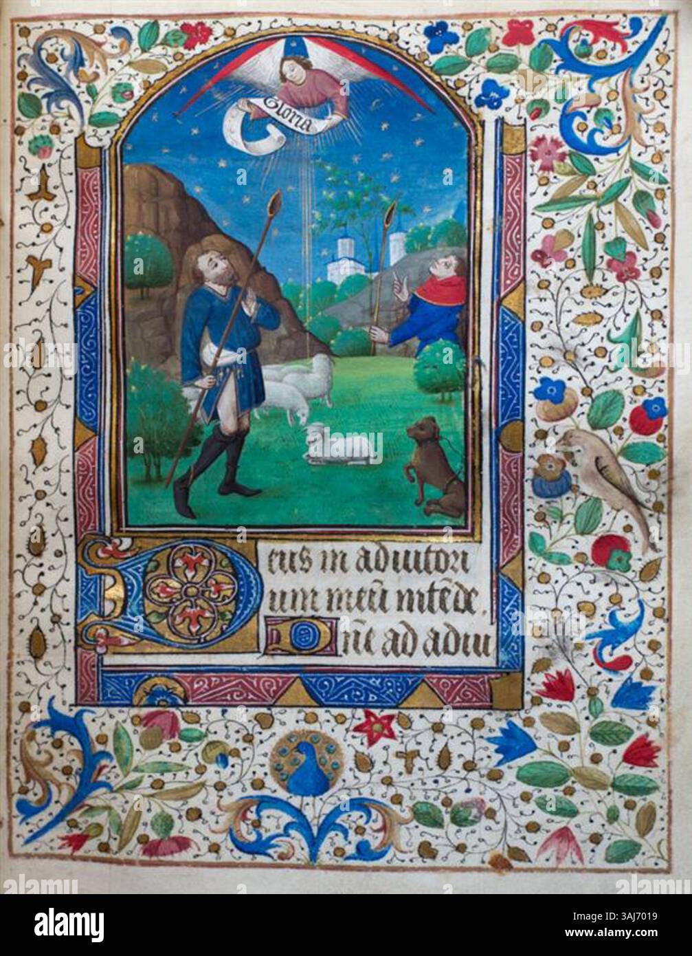 Questo manoscritto miniato, "Heures à l'usage de Troyes", creato tra il 1460 e il 1470, presenta la scena dell'Annunciazione. Riflette l'alto standard dei manoscritti religiosi del tardo Medioevo ed è un esempio fondamentale di illuminazione francese su pergamena. Foto Stock