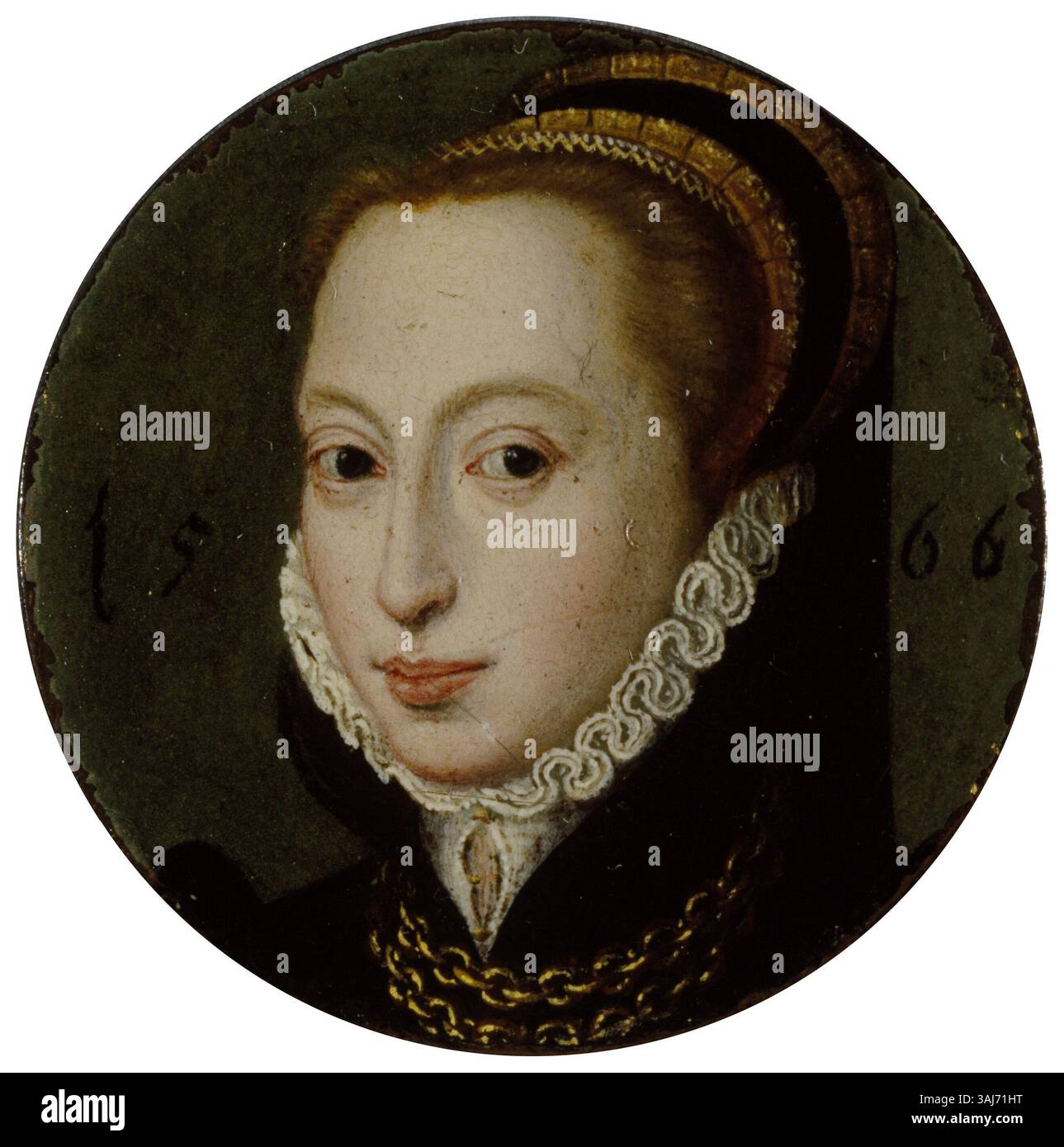 Questo dipinto del 1566 ritrae Lady Jean Gordon, contessa di Bothwell, la prima moglie di James Hepburn, IV conte di Bothwell. L'opera d'arte è dipinta su rame ed è ospitata presso le National Galleries of Scotland. Foto Stock