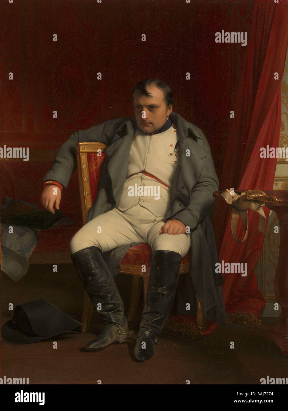 Questo dipinto del 1846 di Hippolyte Paul Delaroche raffigura Napoleone Bonaparte a Fontainebleau il 31 marzo 1814. L'olio su tela ritrae Napoleone durante il suo esilio, dopo la sua abdicazione dopo la caduta del primo Impero francese. Foto Stock