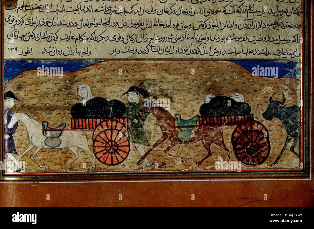 Il 'Jami al-Tawarikh' presenta un'illustrazione dei carri equestri Uigur, evidenziandone l'uso nella vita quotidiana e nelle attività militari. Questo lavoro del XIV secolo è un prezioso documento visivo del popolo nomade Uigur e del loro ruolo nella storia dell'Asia centrale. Foto Stock