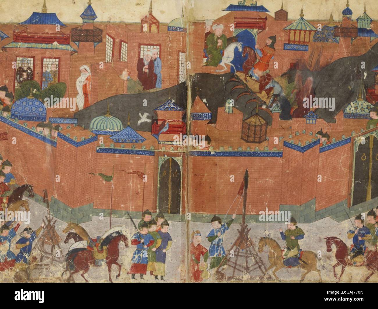 Questa illustrazione raffigura l'assedio mongolo di Baghdad nel 1258. Le forze mongole, guidate da Hulagu Khan, distrussero la città e misero fine al Califfato abbaside. Le opere d'arte risalgono al 1430 circa e mettono in evidenza l'impatto devastante su Baghdad. Foto Stock