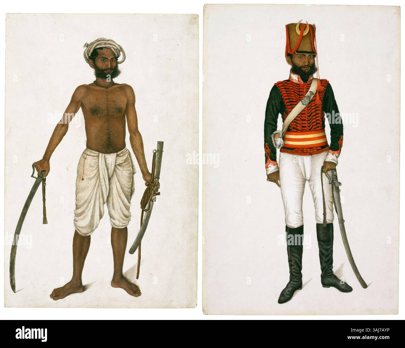 Due miniature del laboratorio di Ghulam Ali Khan, raffiguranti Kala con una sciabola disegnata e Kala in uniforme. I dipinti risalgono al 1815-1816, mostrando dettagliate opere d'arte in miniatura indiane. Foto Stock Due miniature del laboratorio di Ghulam Ali Khan, raffiguranti Kala con una sciabola disegnata e Kala in uniforme. I dipinti risalgono al 1815-1816, mostrando dettagliate opere d'arte in miniatura indiane. Foto Stock