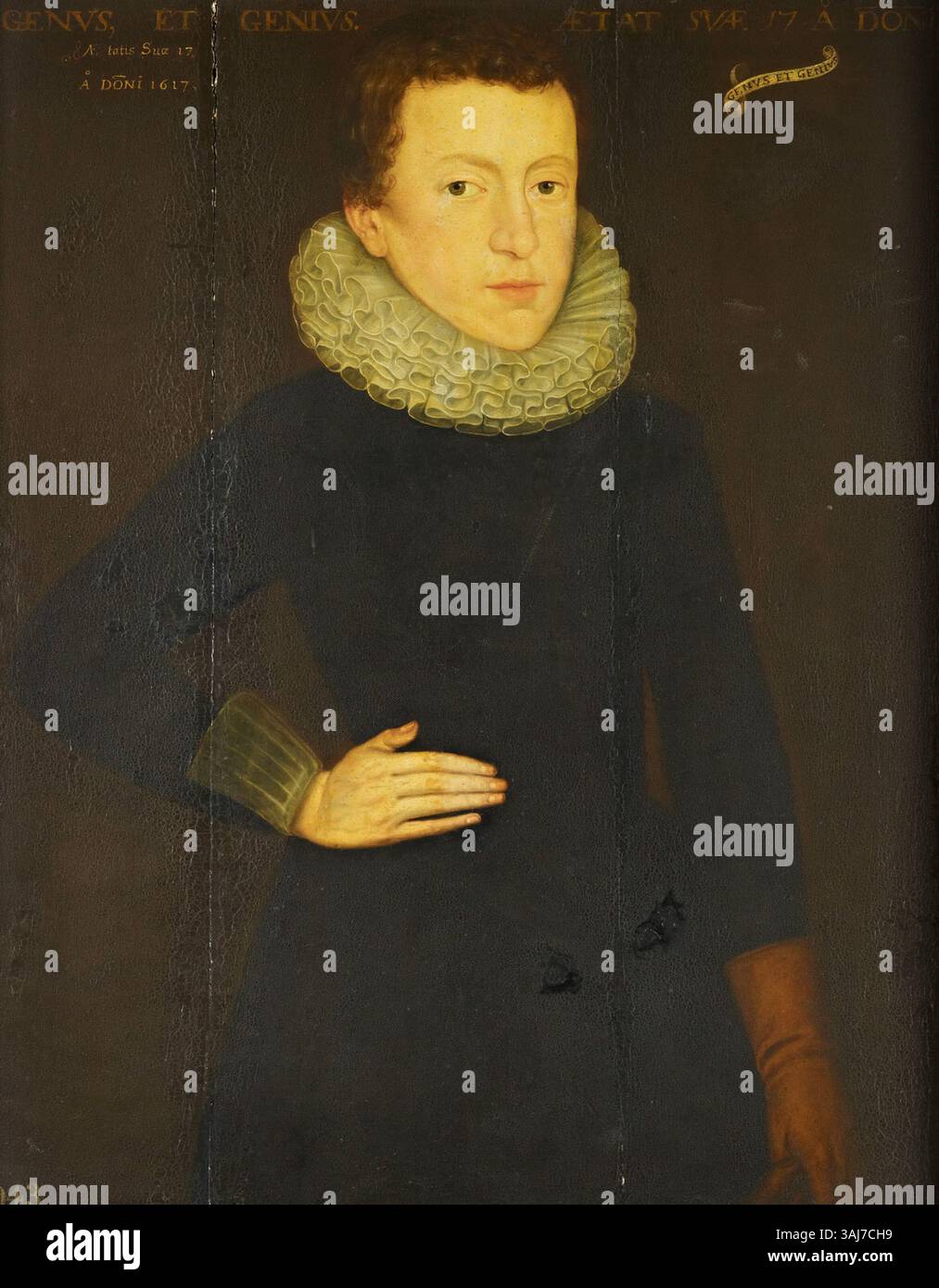 Questo ritratto britannico del XVI secolo, datato 1617, presenta un giovane anonimo. Il dipinto ad olio fa parte della Royal Collection, che mostra una rappresentazione giovanile. Foto Stock