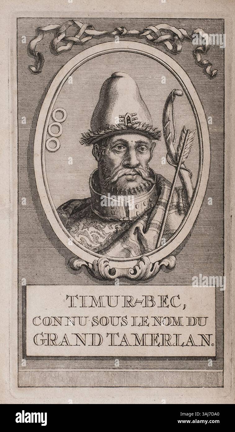 Il frontespizio della *Histoire de Timur-Bec*, edizione 1723, presenta un'illustrazione drammatica che rappresenta il regno di Tamerlano. Questa immagine definisce il tono della narrazione storica dell'impero e delle conquiste di Tamerlano, offrendo un'introduzione visiva all'opera. Foto Stock