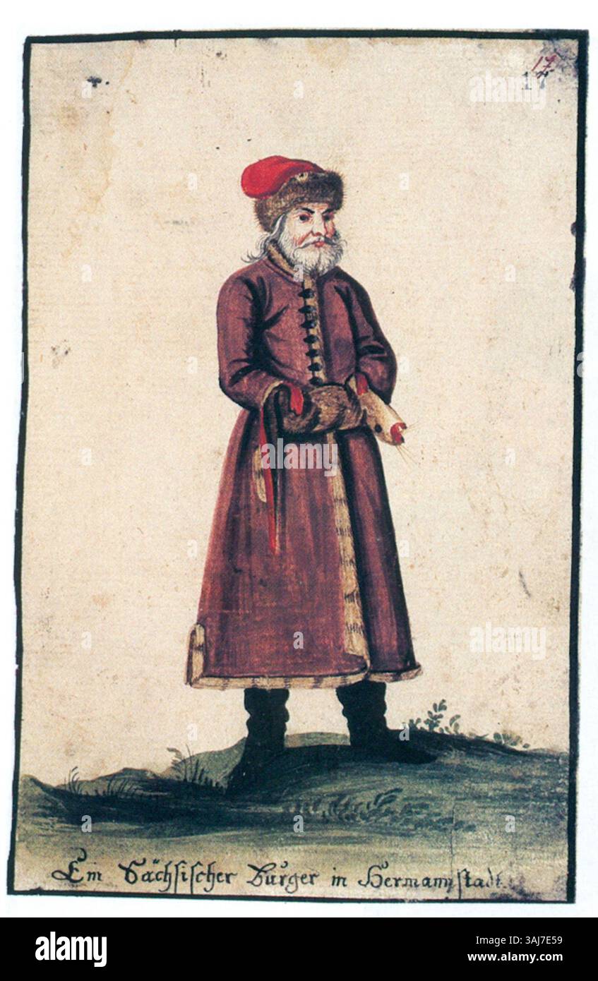 Costume del XVIII secolo di un burgess sassone di Nagyszeben, che rappresenta l'abbigliamento indossato dalla classe borghese in Transilvania durante questo periodo. Foto Stock