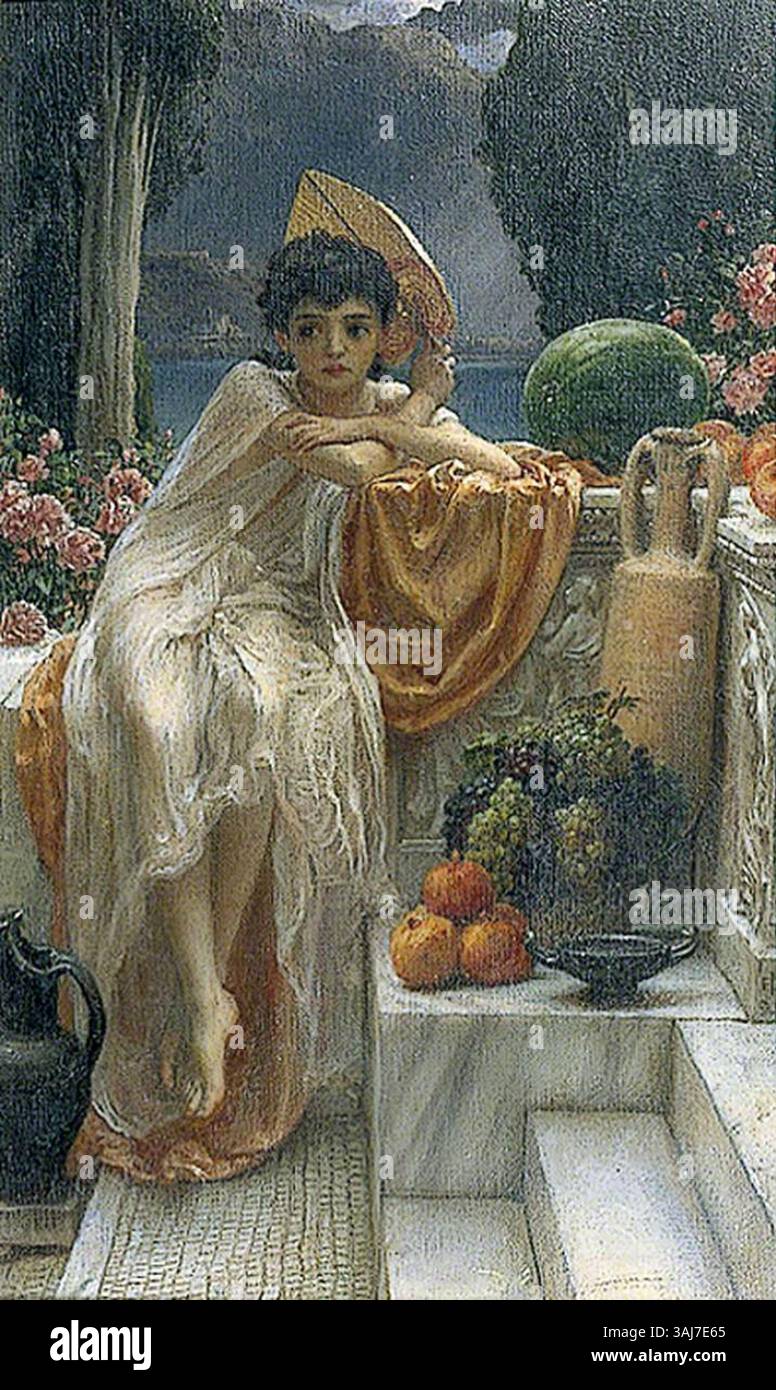 Questo dipinto del 1890 di Edward John Poynter raffigura una scena di genere sui gradini del tempio. La pittura a olio su tela riflette lo stile accademico della fine del XIX secolo, concentrandosi su temi religiosi antichi. Foto Stock