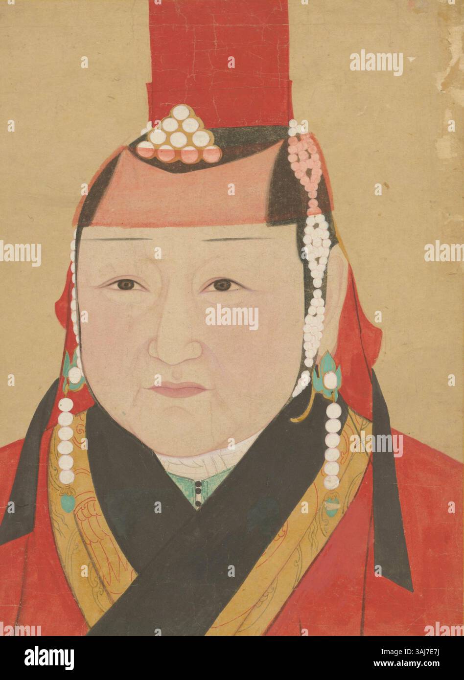 Questo anonimo dipinto della dinastia Yuan (1271-1368) raffigura una figura reale dell'Impero mongolo. L'opera, parte dell'album dei ritratti dell'imperatrice Yuan e del principe, è stata creata utilizzando inchiostro e colori sulla seta. Foto Stock