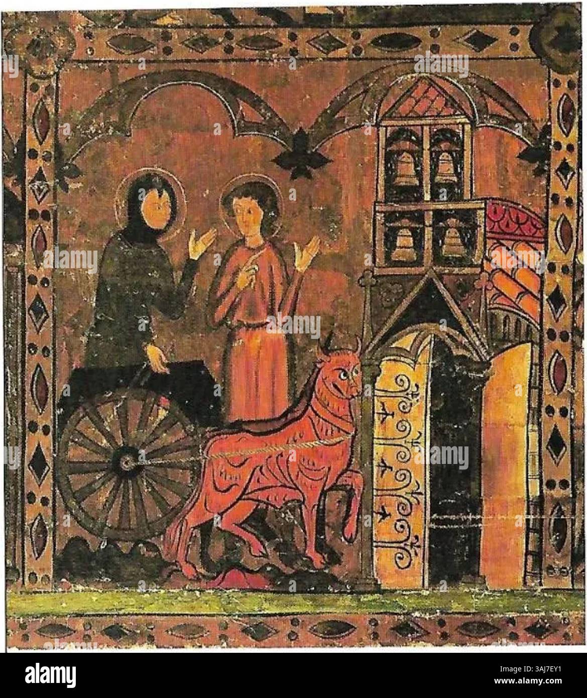 Un frammento del XIV secolo della retabola di Sant Jaume de Frontanyà raffigura la regina Lupa davanti al carro contenente i resti dell'apostolo Giacomo. È ospitato presso il Museo Diocesano e Comarcal de Solsona, Cataluña. Foto Stock