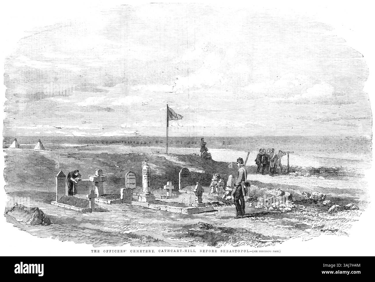 Questa illustrazione tratta dal Illustrated London News, pubblicato il 16 giugno 1855, raffigura il Cimitero degli ufficiali a Cathcart Hill prima di Sebastopoli. Mostra le tombe di figure chiave, tra cui il generale di brigata Fox Strangeways e Sir George Cathcart, evidenziando i loro semplici monumenti. La colonna con una croce segna la tomba del tenente colonnello Seymour degli scozzesi. Foto Stock