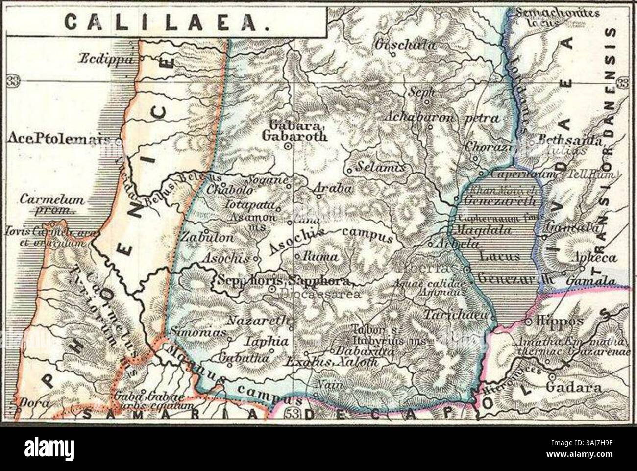 La mappa di Galilaea di Karl Spruner von Merz del 1865 mostra importanti regioni bibliche e storiche della Terra Santa, tra cui Fenice, Coelesyria e Iudaea durante il periodo di Erode. Questa mappa è fondamentale per comprendere la geografia antica e i confini storici. Foto Stock
