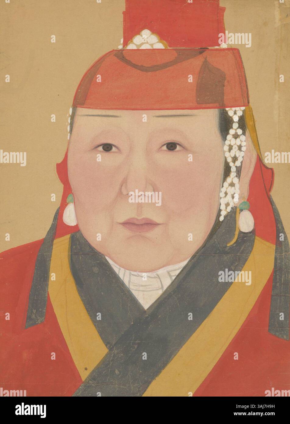 Un ritratto della dinastia Yuan (1271-1368) creato con inchiostro e colori sulla seta, parte dell'album di Yuan Empress and Prince Portraits, raffigurante figure reali dell'Impero mongolo. Foto Stock