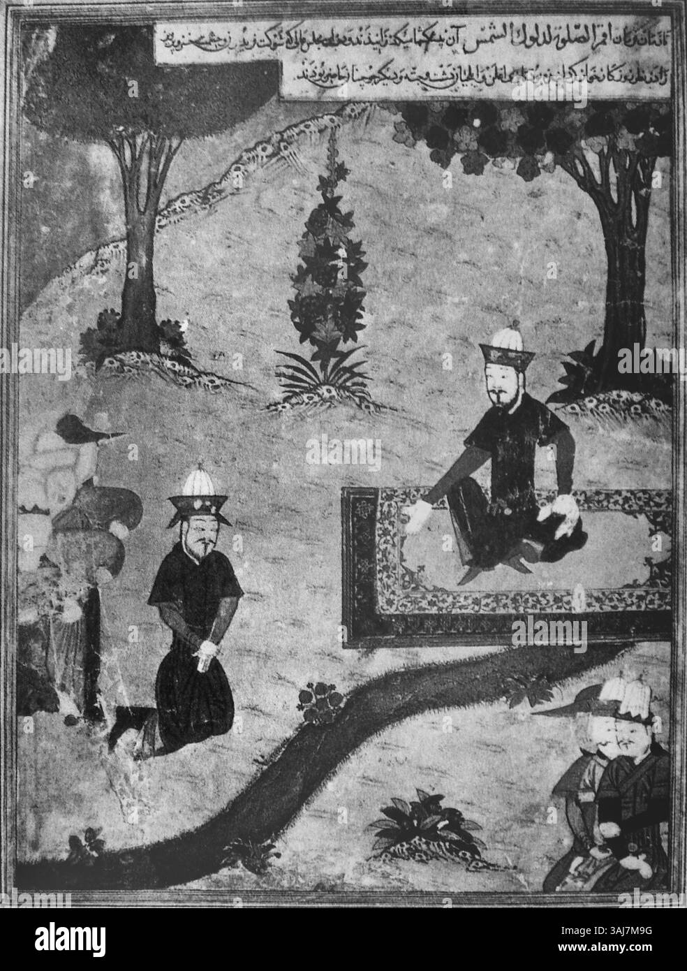 Questo dipinto di Zafarnama del 1436 mostra Amir Shaykh Nur al-DIN che presenta regali a Timur mentre viaggia in India nel 1398. Foto Stock