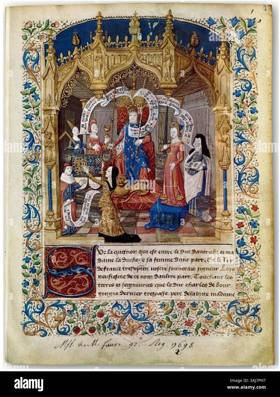 Questo manoscritto del XV secolo, intitolato "Mémoire établissant les droits du roi Louis XI", delinea la pretesa di Luigi XI sul ducato di Borgogna contro le pretese di Massimiliano d'Austria. Il manoscritto miniato raffigura Luigi XI su un trono, circondato da virtù ed elementi simbolici. Foto Stock