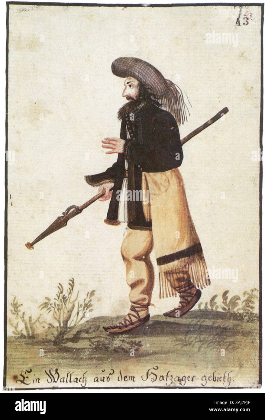 Il costume del XVIII secolo di un uomo romaniano del distretto di Hătszeg, che illustra l'abito tradizionale di questa regione della Romania durante il XVIII secolo. Foto Stock