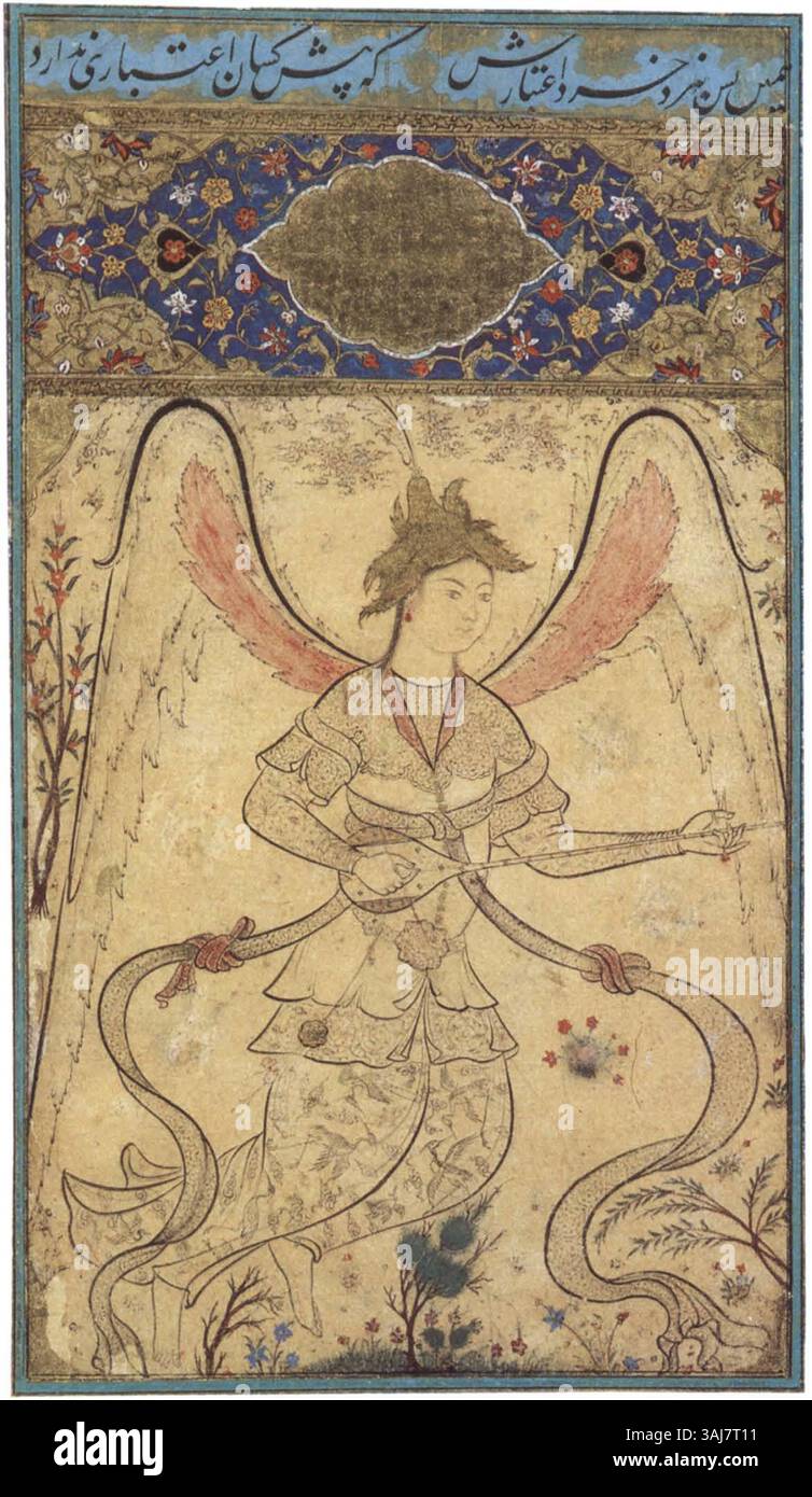 Il dipinto «Peri con un liuto» dell'album Topkapi, datato alla metà del XVI secolo, raffigura una figura mitica che suona il liuto. Questa opera d'arte è ospitata nella Biblioteca del Palazzo Topkapı di Istanbul. Foto Stock