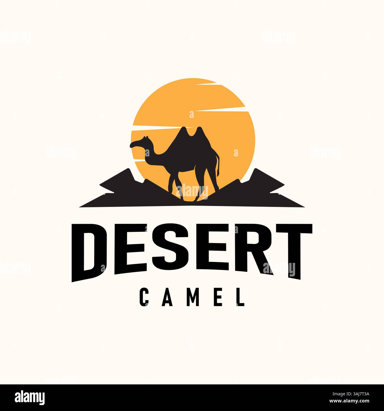 Silhouette al tramonto con logo Desert Camel Vector, perfetta per avventure, viaggi nel deserto o cultura mediorientale Illustrazione Vettoriale