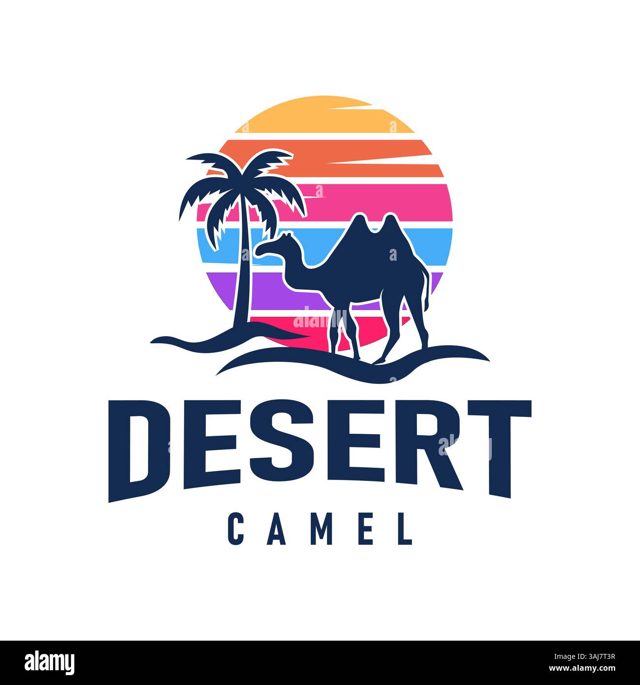 Colorato logo di cammello nel deserto al tramonto con la silhouette di Palm Tree Vector Illustrazione Vettoriale