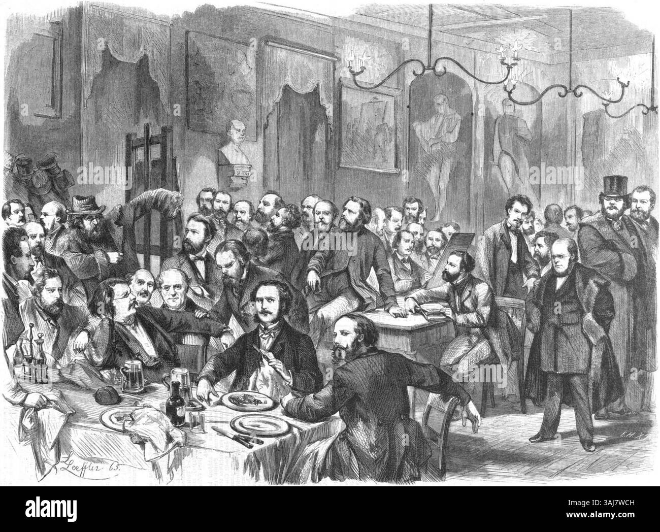 Una litografia di Ludwig Löffler, creata nel 1865, raffigurante un incontro della Berlin Artists' Society, con la partecipazione di importanti artisti tedeschi del XIX secolo. Foto Stock