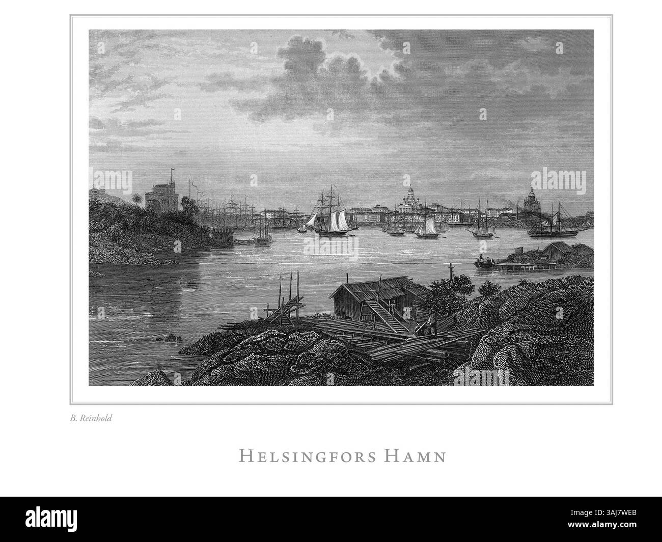 Questa incisione in acciaio di Bernhard Reinhold, intitolata "Helsingfors Hamn", cattura il porto di Helsinki, Finlandia. Parte della serie "EN resa i Finland", illustra la vivace area portuale del XIX secolo, che riflette il patrimonio marittimo finlandese in questo periodo. Foto Stock Questa incisione in acciaio di Bernhard Reinhold, intitolata "Helsingfors Hamn", cattura il porto di Helsinki, Finlandia. Parte della serie "EN resa i Finland", illustra la vivace area portuale del XIX secolo, che riflette il patrimonio marittimo finlandese in questo periodo. Foto Stock