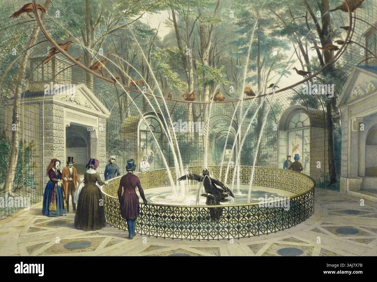 La litografia *Die wasserspeienden Vögel* di Nicolas-Marie-Joseph Chapuy (1850 circa) raffigura gli uccelli che sputano l'acqua nel giardino della casa termale di Palazzo Schwetzingen, mostrando la bellezza del design del giardino ottocentesco. Foto Stock