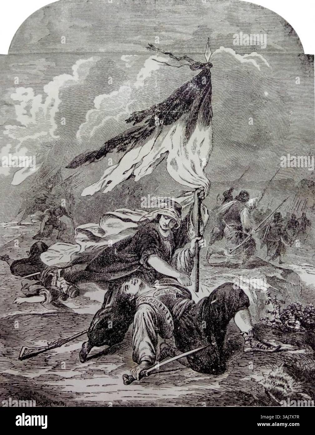 Questo dipinto del 1866 di Uroš Jaki, intitolato "Crnogorka", è stato presentato in Beogradske Ilustrovane Novine. Mostra l'abito tradizionale e la forza di una donna montenegrina, che riflette il patrimonio culturale della regione balcanica. Foto Stock