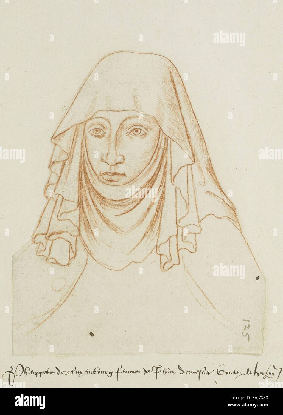 Un ritratto di Philippote de Luxembourg, moglie di Jehan, conte di Haynault, raffigurato in un manoscritto del XVI secolo di Jacques le Boucq. L'opera fa parte del "Recueil d'Arras" e riflette la dettagliata rappresentazione di figure nobili del periodo. Foto Stock