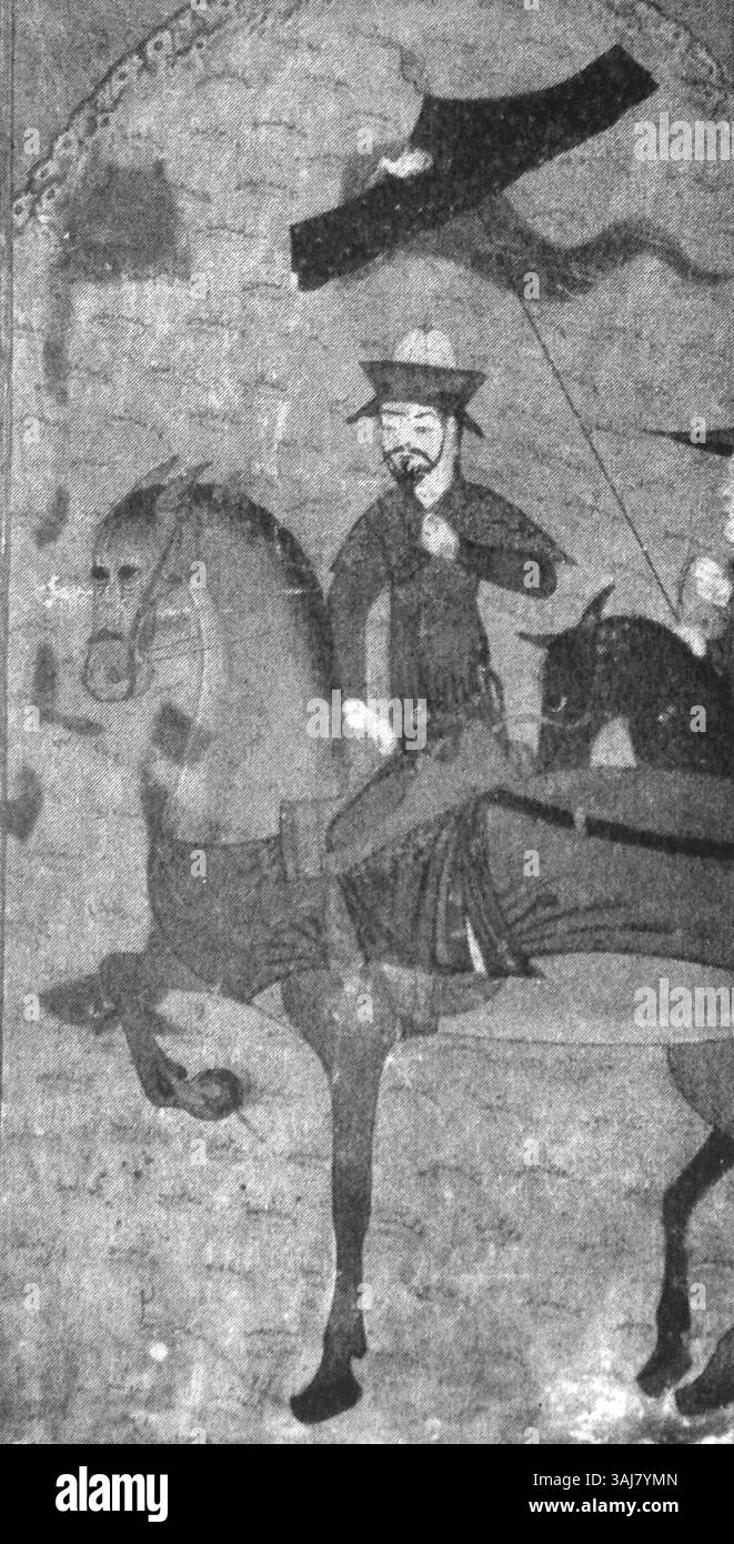 Questo dettaglio del 1436 dello Zafarnama illustra Shah Rukh che guidò l'esercito timuride verso la Cina nel 1405, dopo la morte di Tamerlano. Foto Stock