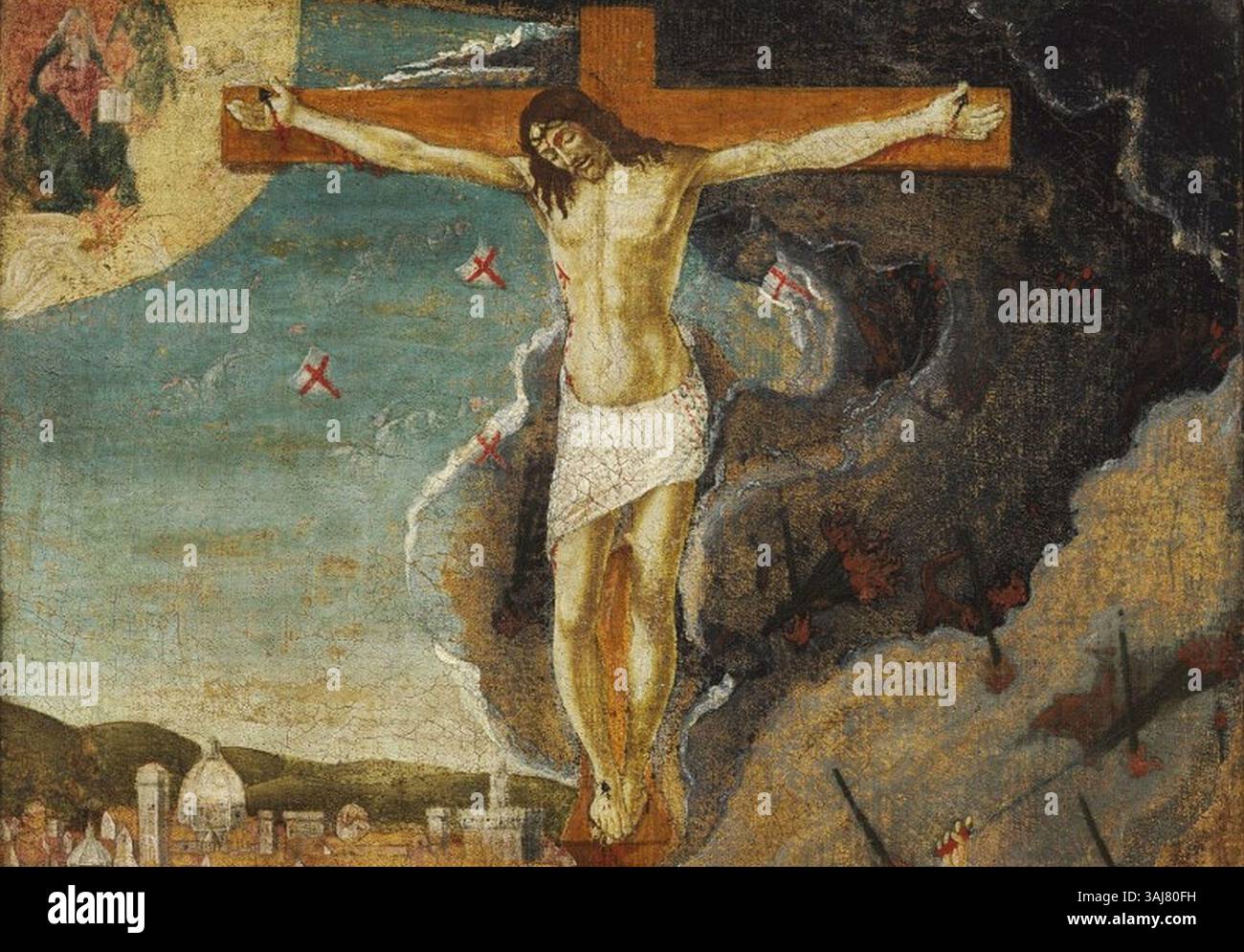 Questo dipinto a tempera, Crocifissione mistica, creato da Sandro Botticelli intorno al 1497, raffigura la crocifissione di Gesù con Maria Maddalena e un angelo. L'opera fa parte della collezione Harvard Art Museums e riflette lo stile religioso di Botticelli alla fine del XV secolo. Foto Stock