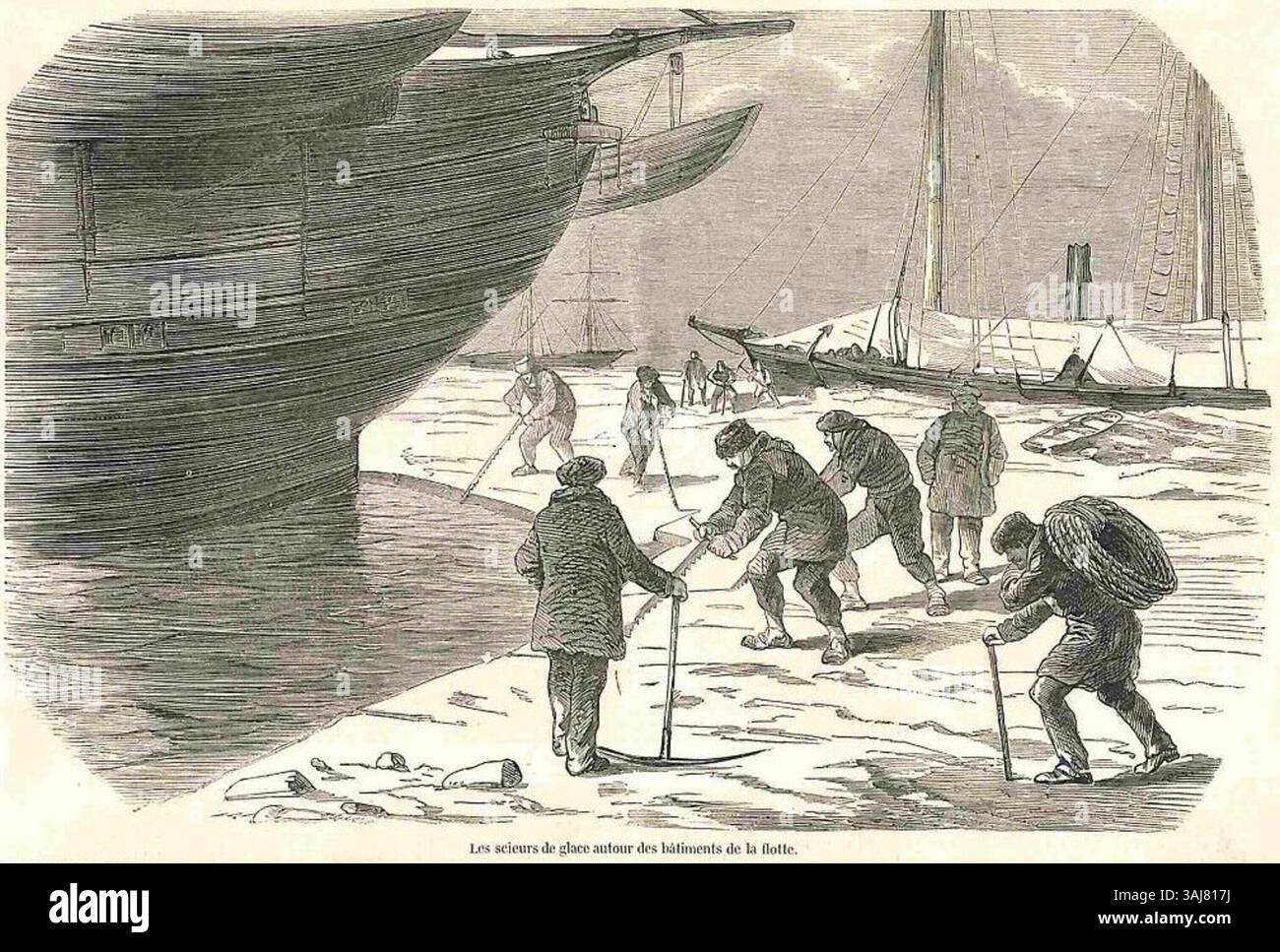 Un'immagine dell'edizione dell'8 marzo 1856 di l'Illustration, che mostra i ghiacciai sawyer che lavorano intorno agli scafi delle navi in una flotta ghiacciata, una scena invernale legata alle condizioni di ghiaccio durante la guerra di Crimea. Foto Stock