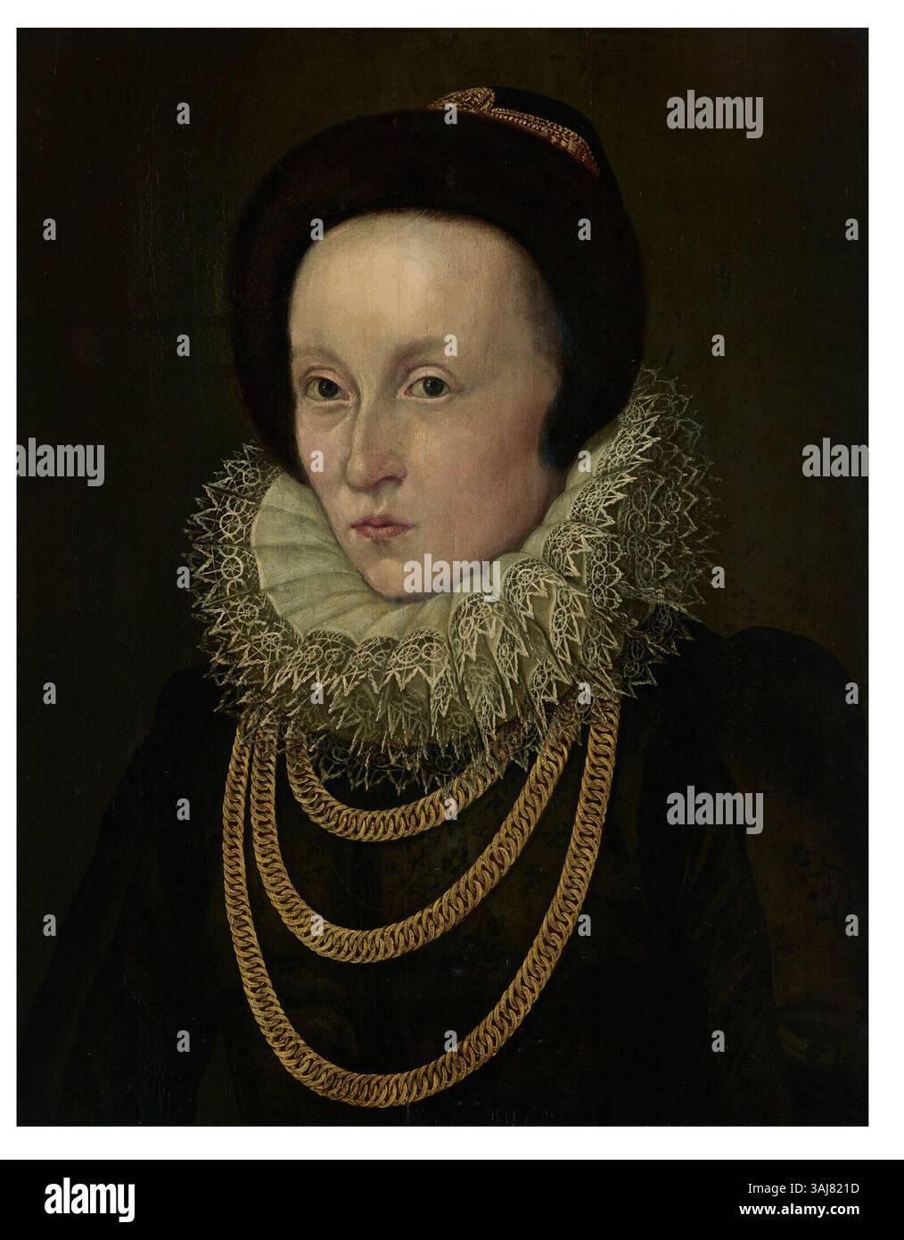 L'olio su tavola di Lorenz Strauch, "Ritratto di una donna", del 1617, raffigura un ritratto lungo un busto con una donna adornata con un tappeto di pizzo e catene d'oro. Firmato e datato, questo lavoro è un esempio di ritrattistica europea dei primi anni del XVII secolo. Foto Stock