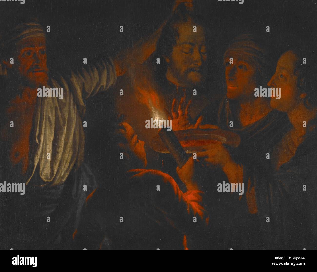 Questo dipinto ad olio del 1700 circa raffigura Salome che regge la testa recisa di Giovanni Battista. Illustra una scena biblica del nuovo Testamento, con simbolismo religioso e dettagli in stile barocco. Foto Stock