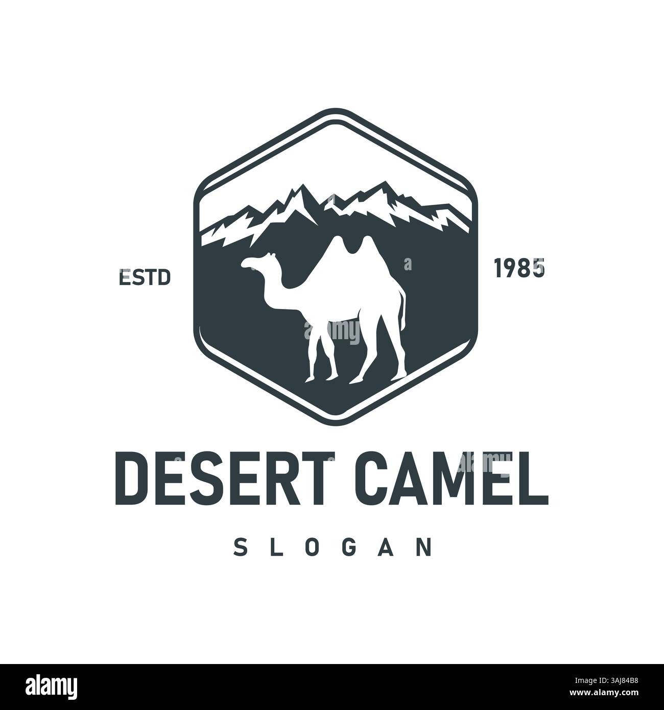 Desert Camel Vector con logo Mountain forma esagonale perfetta per avventure, viaggi nel deserto o cultura mediorientale Illustrazione Vettoriale
