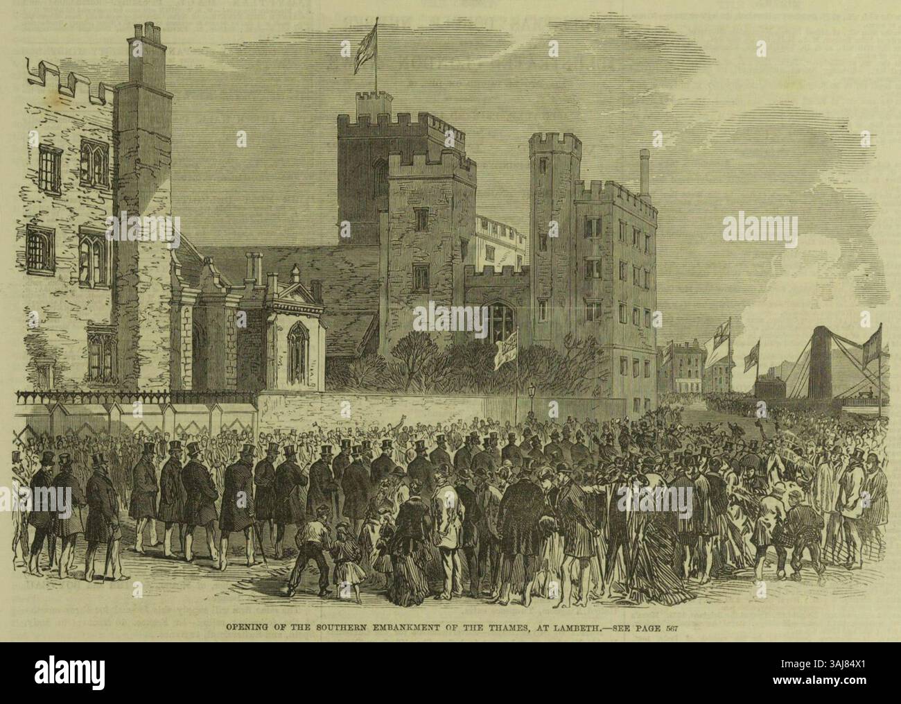 Questa incisione in legno di "The Illustrated London News" raffigura l'apertura del Southern Embankment of the Thames at Lambeth, un progetto infrastrutturale chiave nella Londra vittoriana, mostrato nella pubblicazione del 4 dicembre 1869. Foto Stock Questa incisione in legno di "The Illustrated London News" raffigura l'apertura del Southern Embankment of the Thames at Lambeth, un progetto infrastrutturale chiave nella Londra vittoriana, mostrato nella pubblicazione del 4 dicembre 1869. Foto Stock