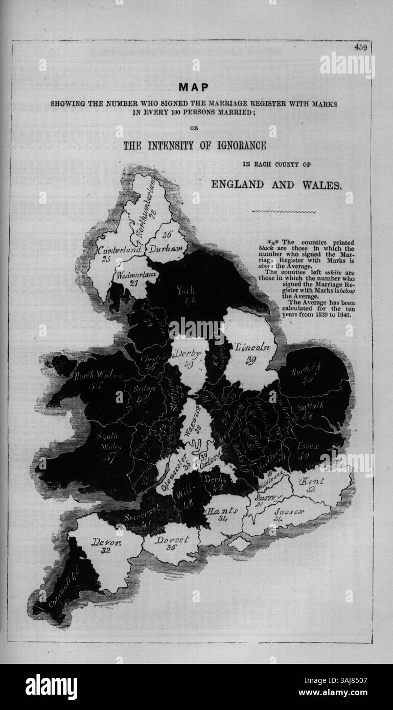 Mappa da "London Labour and the London Poor" che illustra il numero di persone che hanno firmato i registri di matrimonio con marchi, che rappresenta il livello di analfabetismo tra la classe operaia nel 1851 a Londra. Essa mette in luce la diffusa questione sociale dell'istruzione e dell'alfabetizzazione. Foto Stock