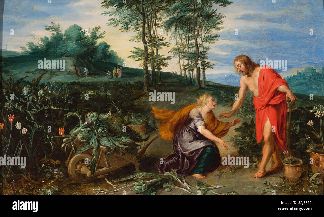 Questo dipinto ad olio su rame di Jan Breughel il giovane della fine degli anni '1630 raffigura il momento biblico in cui Cristo appare a Maria Maddalena, nota come 'noli me tangere'. Il lavoro mette in mostra il talento di Breughel nella pittura religiosa. Foto Stock