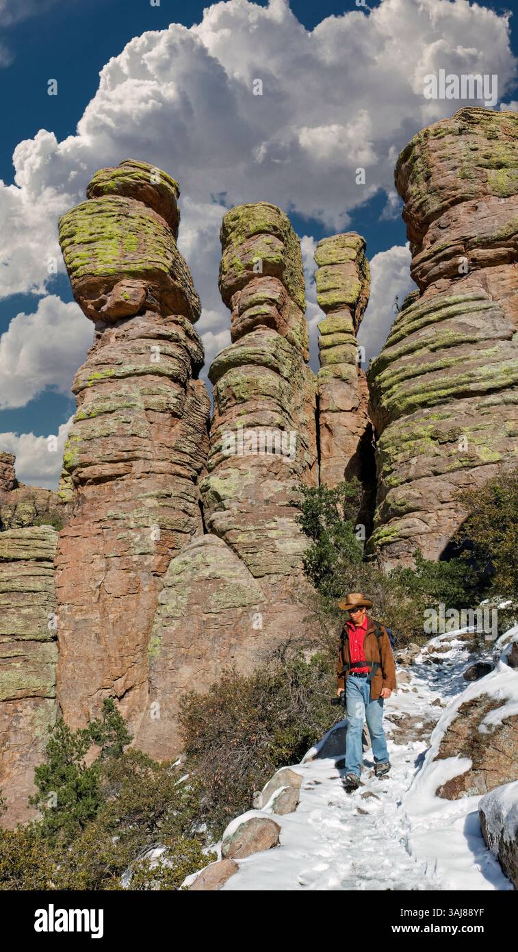 Escursioni nella Terra delle Standing-Up Rocks, deposizione vulcanica di riolite, monumento nazionale di Chiricahua, Arizona Foto Stock