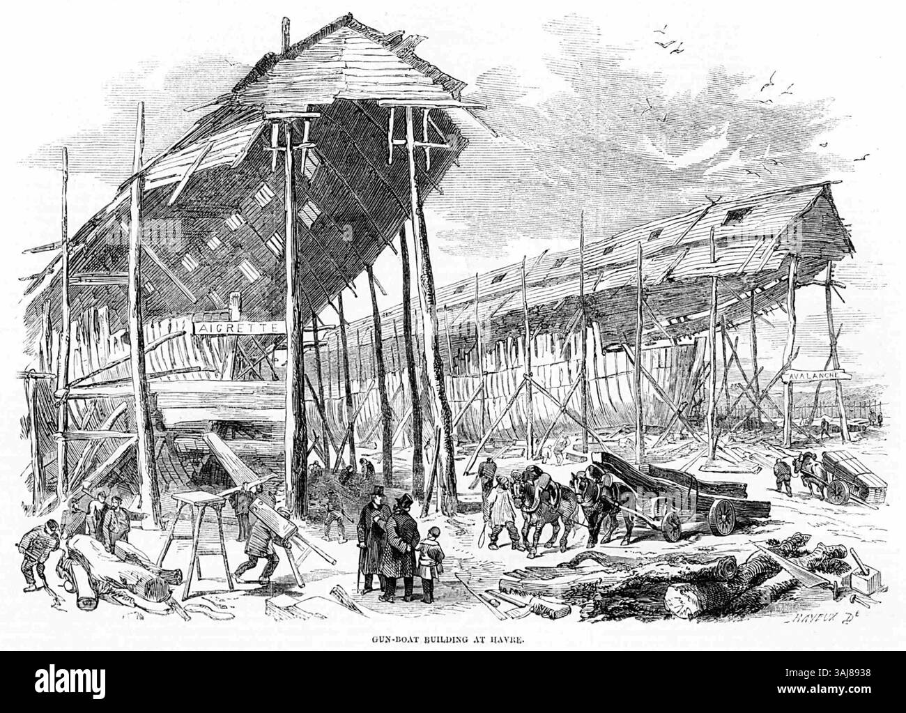 Questa illustrazione dell'edizione del 3 marzo 1855 di "Pen and Pencil" mostra la costruzione di una cannoniera a Havre. Il giornale, pubblicato da Joseph Clayton Jr., fornisce una copertura dettagliata delle attività marittime britanniche e francesi durante il periodo vittoriano. Foto Stock