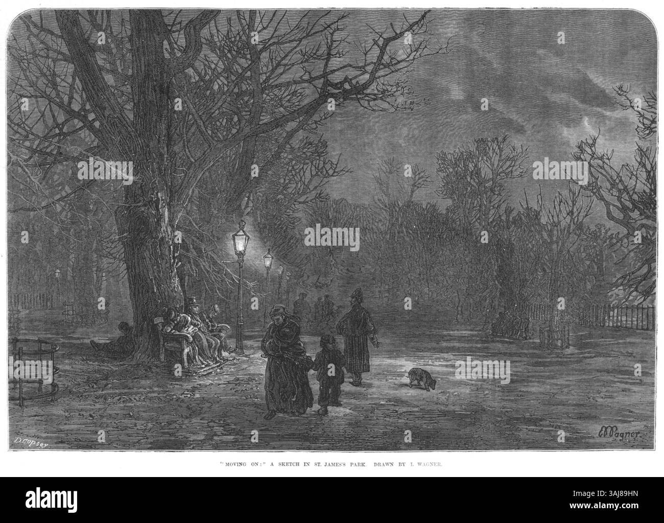 "Moving On" è uno schizzo del St. James's Park, creato da L. Wagner e inciso da D. Copsey. Presente nel The Illustrated London News il 20 dicembre 1873, questa illustrazione cattura l'essenza della Londra vittoriana, raffigurando una scena di movimento nel parco. Foto Stock